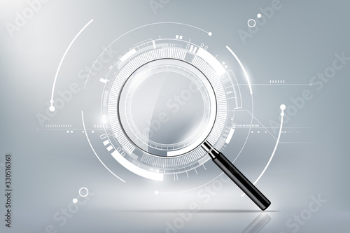 magnifying glass with scan search concept and futuristic electronic technology background, transparent vector illustration