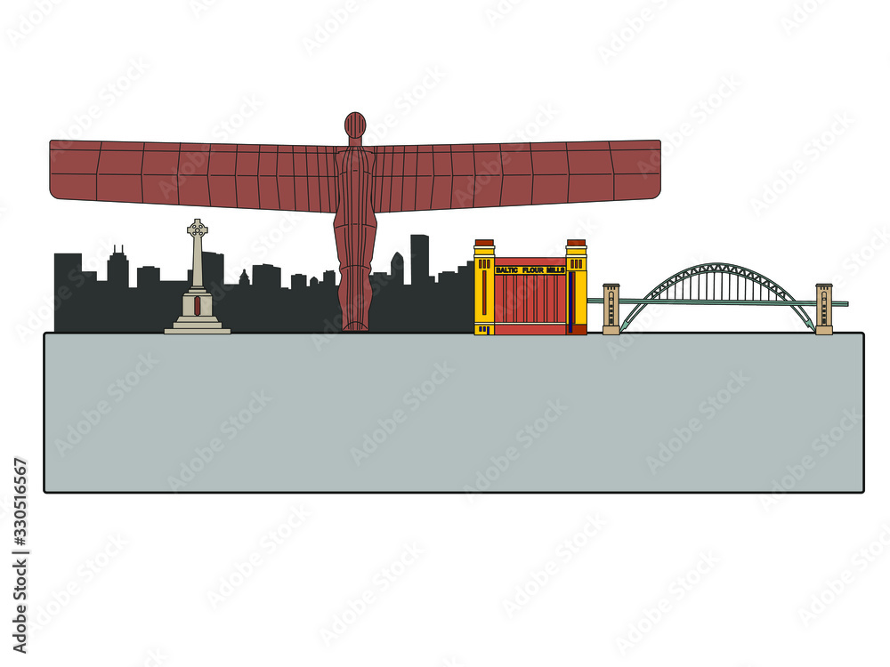 March 5, 2020 Gateshead England: gateshead city skyline vector with its most important monuments