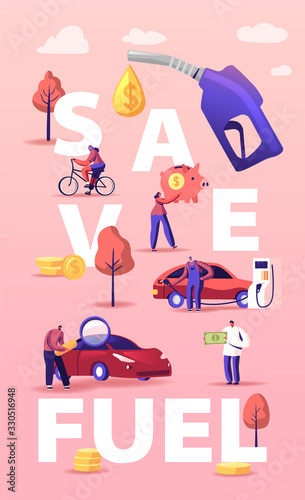 Petrol Economy Concept. Characters Refueling Car on Station, Pumping Gasoline Oil. Filling Gas or Biodiesel, Automotive Industry. People Save Fuel Poster Banner Flyer. Cartoon Vector Illustration