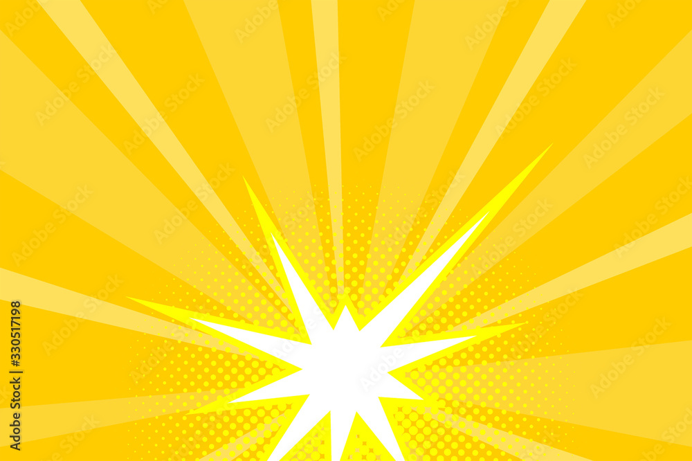 Fototapeta premium Comic yellow sunbeam background retro pop art style cartoon