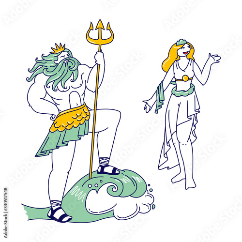 Olympic Gods Poseidon or Neptune Wearing Crown and Trident, God of Sea and Ocean and Aphrodite or Venus Goddess of Love and Beauty. Greek Myths and Legend Characters. Linear People Vector Illustration