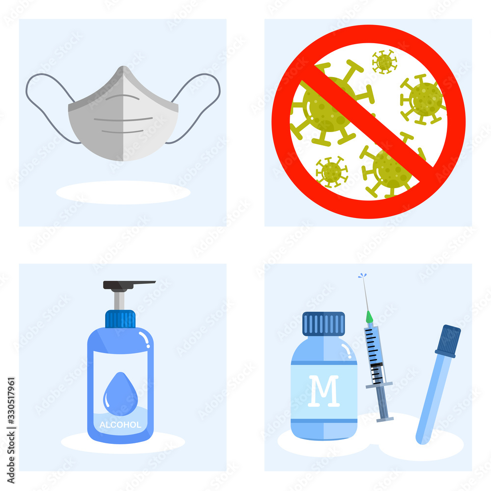 Prevention for coronavirus and bacteria stop signs & symbol- mask, alcohol gel, syringe and drugs medicines equipment for protection, How do protection for disease. Prevention for coronavirus and bacteria stop signs & symbol- mask, alcohol gel, syringe and drugs medicines equipment for protection, How do protection for disease.