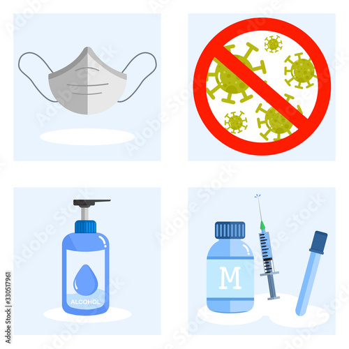 Prevention for coronavirus and bacteria stop signs & symbol- mask, alcohol gel, syringe and drugs medicines equipment for protection, How do protection for disease.