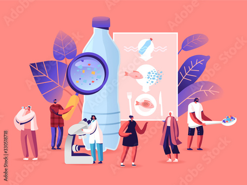 Microplastic in Water and Food. Global Ocean Pollution. Ecological Problem. Dangerous Additives. Male Female Tiny Characters with Microscope and Magnifying Glass. Cartoon People Vector Illustration