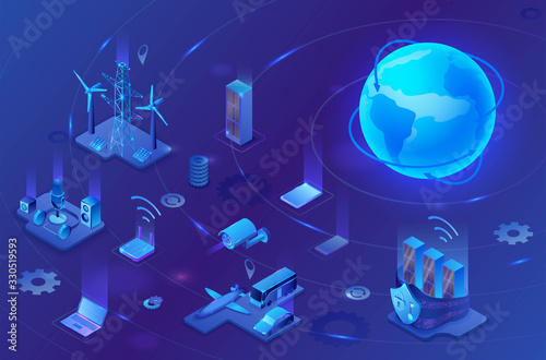 Internet of things infographic illustration, neon blue isometric 3d concept with smart technology, globe glowing icon, computer network with night glowing background