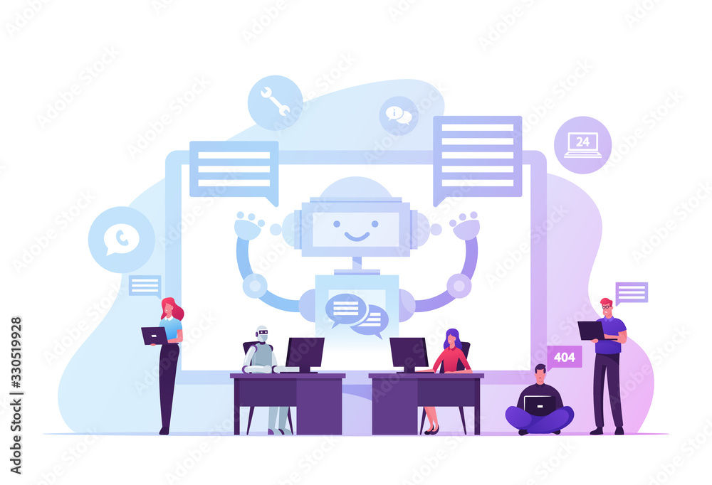Robot Work on Laptop Help Customers. Ai Chatbot Faq Support, Online
