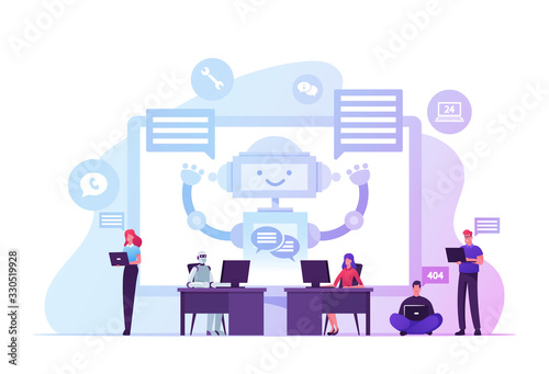 Robot Work on Laptop Help Customers. Ai Chatbot Faq Support, Online Consultation. Innovation, Artificial Intelligence Technology. People Characters Use Chat Bot Service. Cartoon Vector Illustration