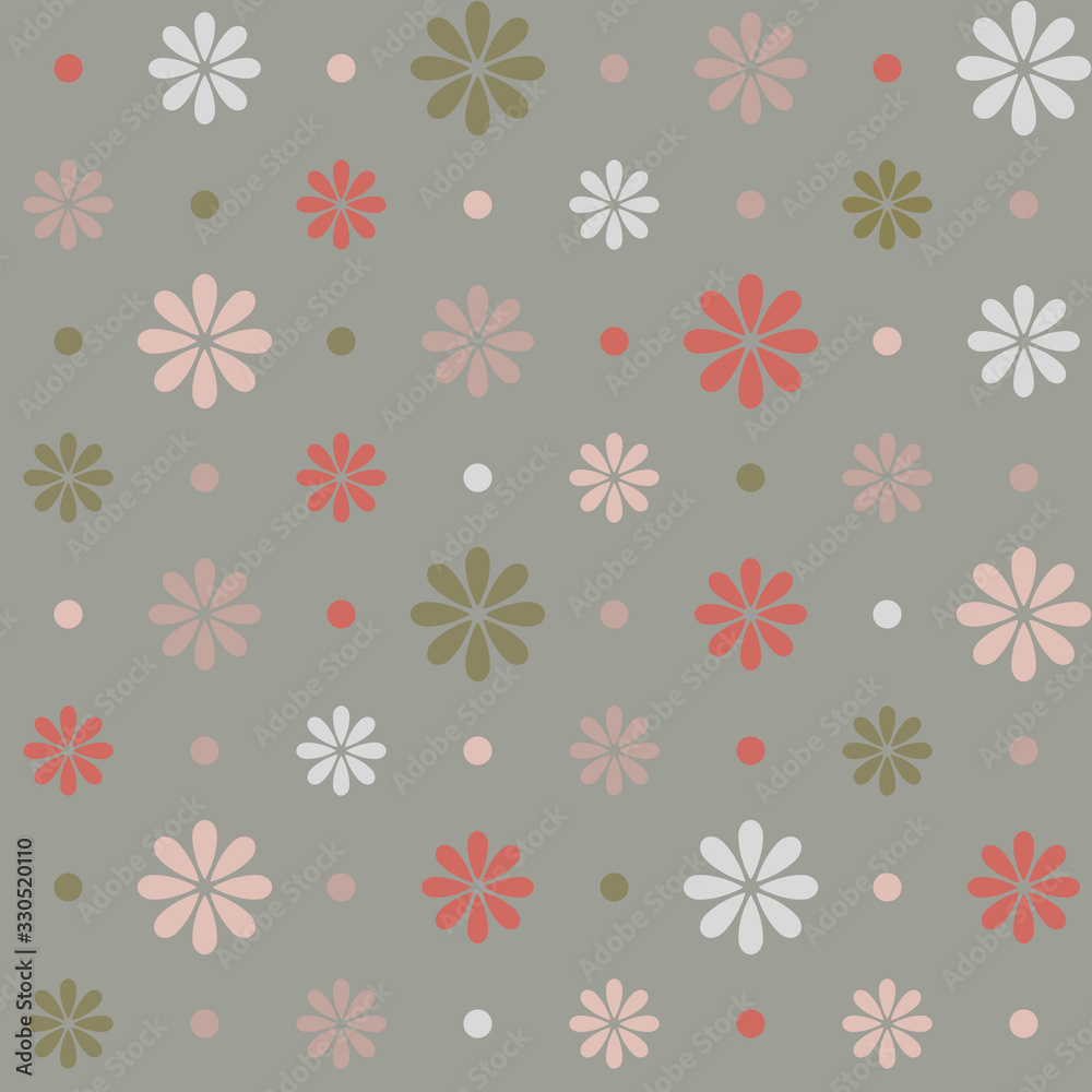 Floral polka dot seamless pattern. Green, red, grey and pink simple vector flowers on green background. Simple vector geometric illustration. Polka dot design for printing on textile, fabric, paper Floral polka dot seamless pattern. Green, red, grey and pink simple vector flowers on green background. Simple vector geometric illustration. Polka dot design for printing on textile, fabric, paper