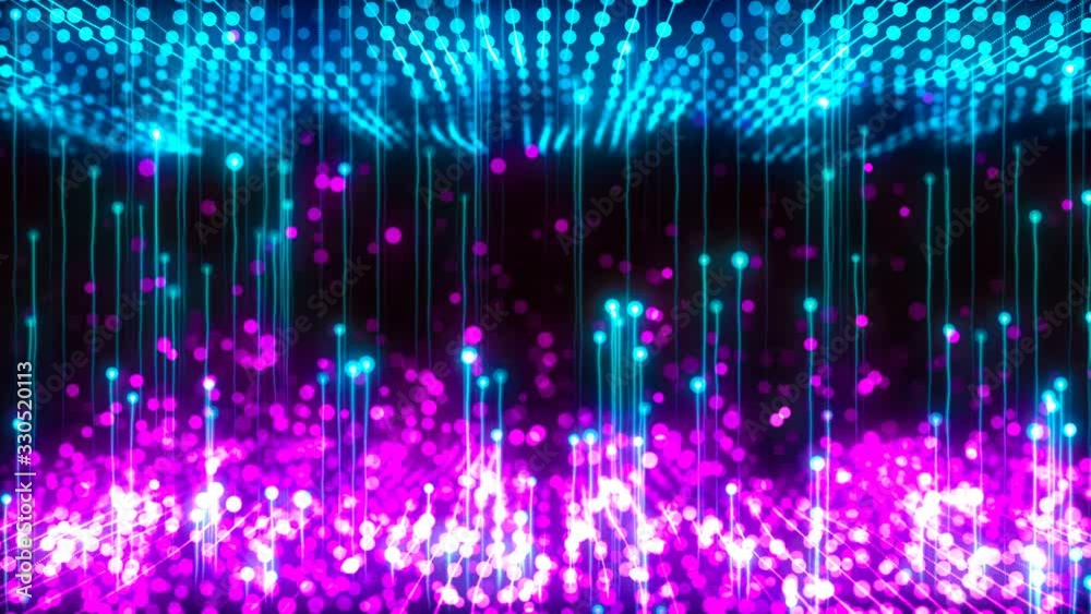 4K Abstract motion background animation shining particles and neon colors light  forms fluctuating in space seamless loop