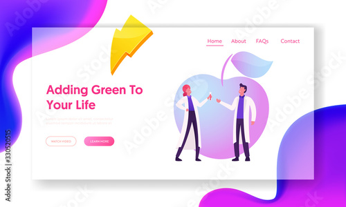 Agricultural Genetics Landing Page Template. Scientists Looking in Test Tube with Herbicide at Huge Genetically Modified Apple. Biology Genome Engineering Technologies. Cartoon Vector Illustration