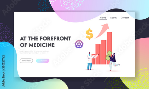 Medical Price, Medicine Services Cost and Expenses Landing Page Template. Female Patient Character Carry Huge Dollar Bill to Male Doctor in White Robe at Grow Column Chart. Cartoon Vector Illustration