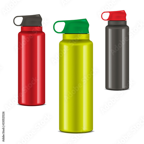 Insulated water bottle with carry handle, realistic vector illustration. Stainless steel flask. Color set. Easy to recolor