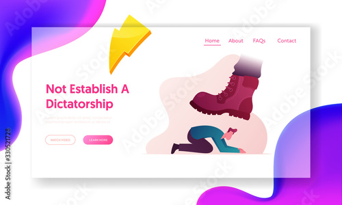 Humiliation of Human Dignity and Rights Violation Landing Page Template. Huge Boot Trample Frightened Humiliated Man on Knees. Large Leg Pressing Man Fell on All Fours. Cartoon Vector Illustration