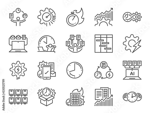 Efficiency line icon set. Included the icons as velocity, organizing, performance, productive, work, timeline and more.