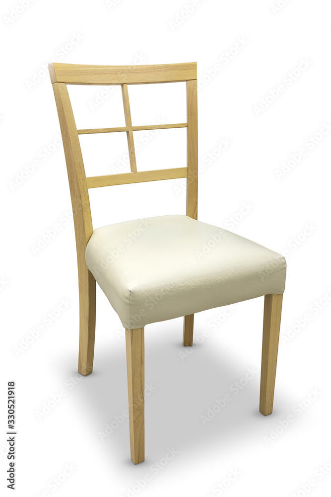 Wooden chair, cream leather seat isolated on white background. with clipping paths. Wooden chair, cream leather seat isolated on white background. with clipping paths.