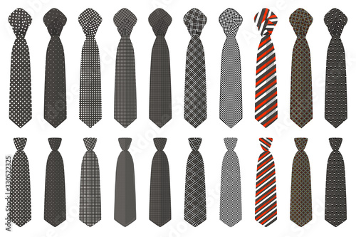Illustration on theme big set ties different types, neckties various size