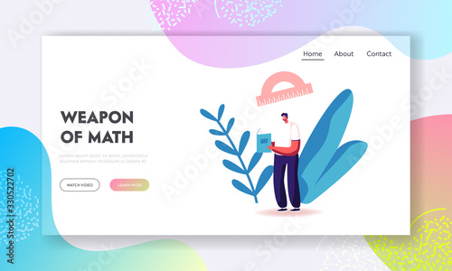 Higher Education, Male Character Gain Knowledge Landing Page Template. Student Reading Mathematics Textbook Learning Homework or Prepare to Exam in University or College. Cartoon Vector Illustration