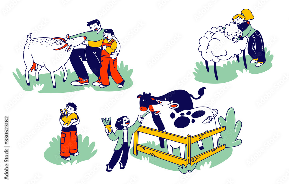 Little Kids Visit Farming Zoo with Parents. Children Characters Petting Domestic  Animals Care of Cows, Sheep, Rabbits and Goat. Father and Boy Spend Time on  Weekend. Linear People Vector Illustration Stock Vector |