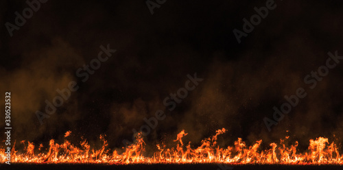 burning dry field in night photo