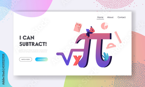 Mathematics Science and Algebra Landing Page Template. Tiny Student Female Character with Laptop Sitting on Huge Sign Pi and Formula. University and High School Education. Cartoon Vector Illustration