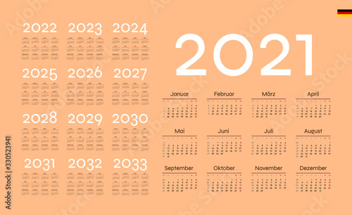 German Calendar for 2021. Week starts on Monday