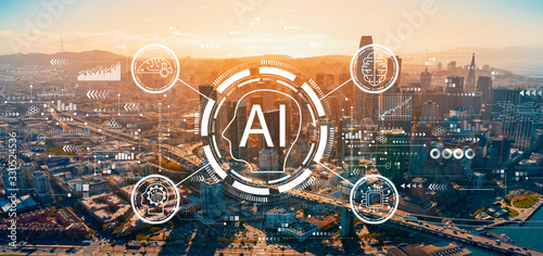 AI concept with downtown San Francisco skyline buildings
