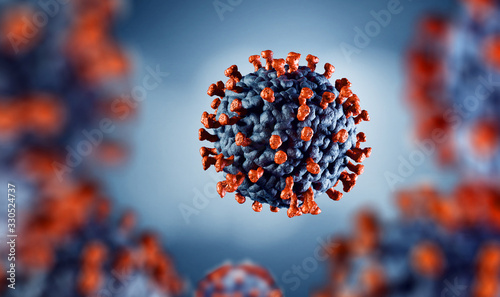 3D illustration of corona virus coronavirus COVID-2019 in microscope photo