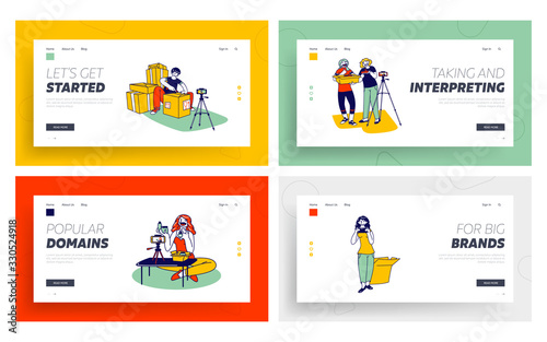 Blogging Parcel Unpacking Live Streaming Landing Page Template Set. Mail Delivery Shipment. Bloggers Characters Open Parcel Box Recording Unboxing Video for Internet. Linear People Vector Illustration