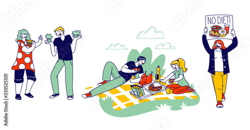 No Diet Concept. Male and Female Characters Enjoying Unhealthy Junk Food. People Refuse Healthy Lifestyle Meals Prefer Eating Fat Food with High Level Calories and Carbs. Linear Vector Illustration