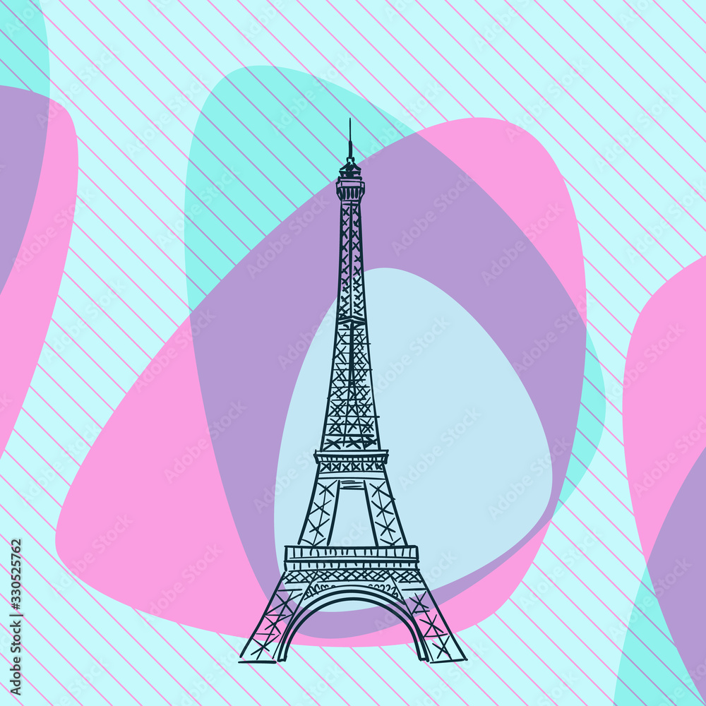 Sketch of Eiffel Tower in Paris, France, on aqua menthe and pink color abstract streamlined shapes on diagonal striped square background. Hand drawn vector illustration