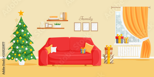 Vector interior of empty christmas festive room in cartoon flat style. Living room with christmas tree with ornaments  garland  red sofa and gifts  presents. Winter snowing landscape from window