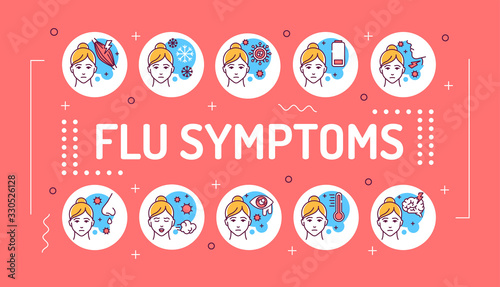 Flu symptoms word lettering typography. Viral diseases, colds. Infographics with linear icons on pink background. Creative idea concept. Isolated outline color illustration