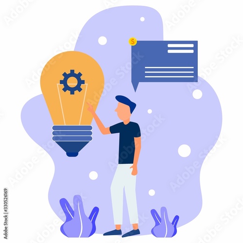 A young businessman stands up while touching the light beside him. Business Presentation. Flat vector illustration.