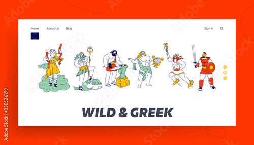 Pantheon Greece Ancient Olympic Gods Characters Landing Page Template. Zeus Jupiter and Poseidon, Neptune Hephaestus Vulcan Apollon Apollo Phoebus, Hermes Mercury Ares Mars. Linear Vector Illustration
