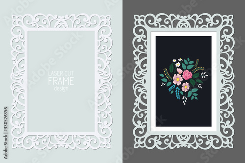 Laser cut lace rectangular frame, vector template. Ornamental cutout photo frame with pattern. Vintage background with rose embroidery inside the cut out frame. photo