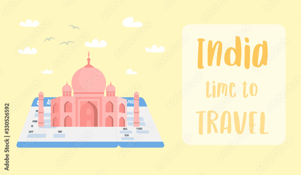 Indian World Famous Landmark Vector Banner Layout. Taj Mahal on Boarding Pass Cartoon Illustration. Agra Architecture Flat Drawing. Travel Agency Poster with Lettering. Sightseeing Tour