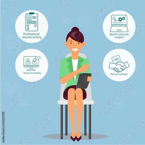 Woman in Green Jacket with Tablet Sits on Chair. Open Vacancy. Group Counseling. Service Contract. Vector Illustration. HR Manager. Competitive Workplace. Recruitment Agency. Resource Support.