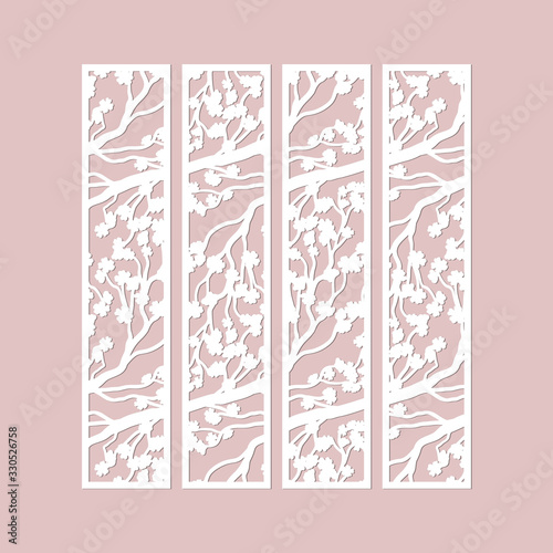 Laser cut vector borders set with cherry blossom branches pattern. Paper cutting, cutout floral bookmarks .