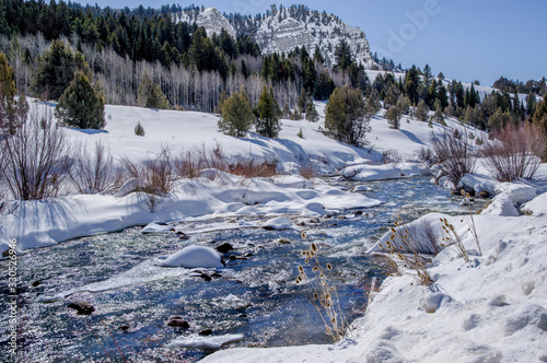 Icy Mountain Stream in Utah:  Bright sunlight sparkles on the surface of a stream flowing through ice and snow in the Mt. Naomi Wilderness Area of northeast Utah.