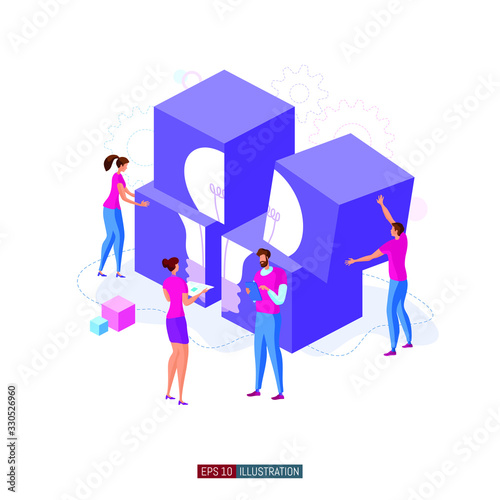Trendy flat illustration. Cooperation of people who implement the joint idea. Illustration of the idea birth process. Template for your design works. Vector graphics.