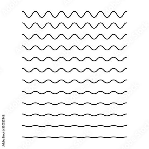 Wavy lines. Isolated vector waves collection on white background. Sea ocean black lines. Abstract wave amplitude.