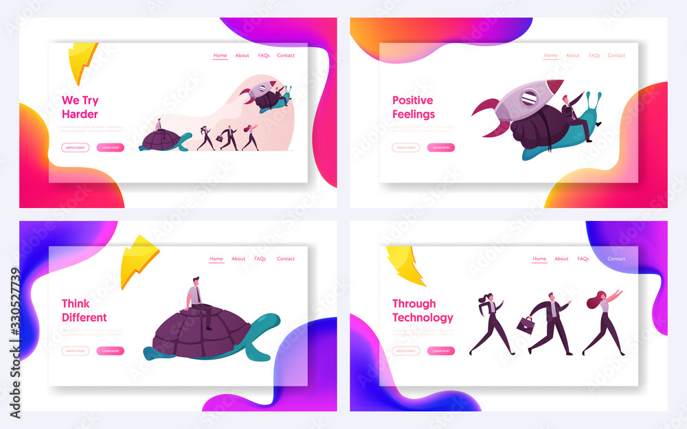 Business Acceleration, Competition and Progress Landing Page Template Set. Characters Riding on Rocket Snail and Turtle. Businesspeople Running, Race Competition. Cartoon People Vector Illustration