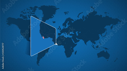 Detailed world map with pinned enlarged map of Liberia and neighboring countries.