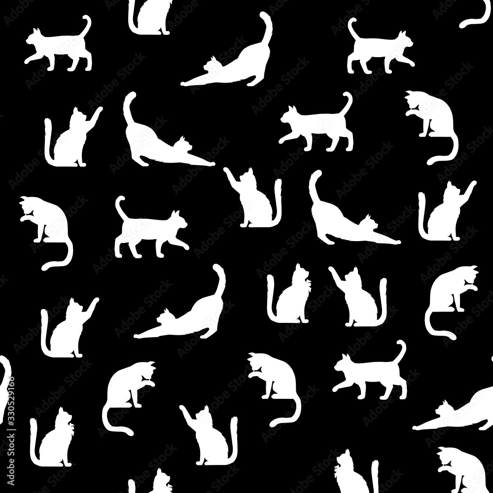 Black and white cat pattern on black background. Seamless pattern of via acting of the cats. Graphic design for decorating, wallpaper, fabric and etc.