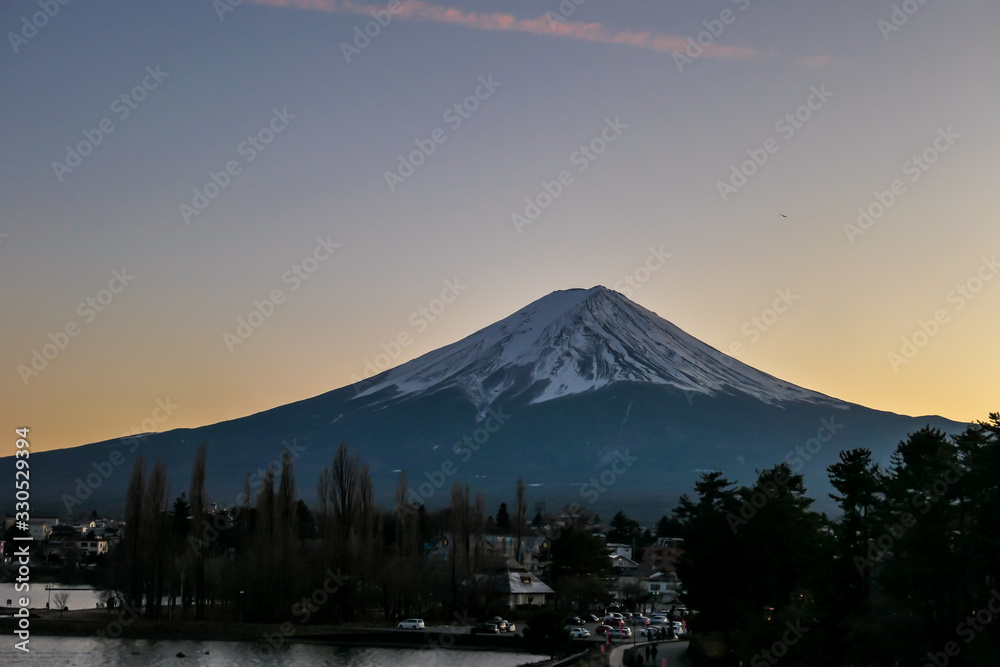 Fototapeta premium A view on Mt Fuji from the side of Kawaguchiko Lake, Japan. Soft colors of sunset - golden hour. Top of the volcano covered with a snow layer. Serenity and calmness. The lake's side is reed beds.