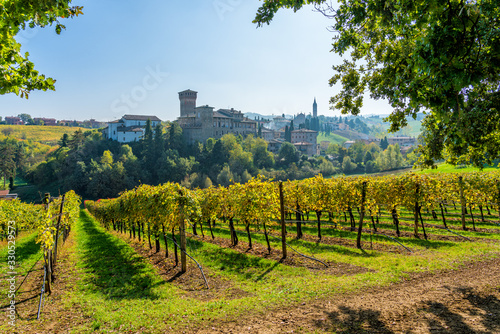 Levizzano Rangone and its vineyars in fall season. Province of Modena, Emilia Romagna, Italy.