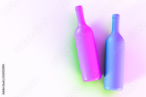 Purple and blue wine bottles on a light background. View from above.