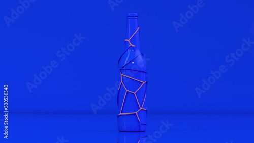 3d render of a blue beer bottle with a thin line pattern on a blue background.