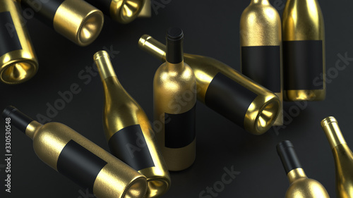 3d render an array of golden wine bottles with a black label on a dark background.