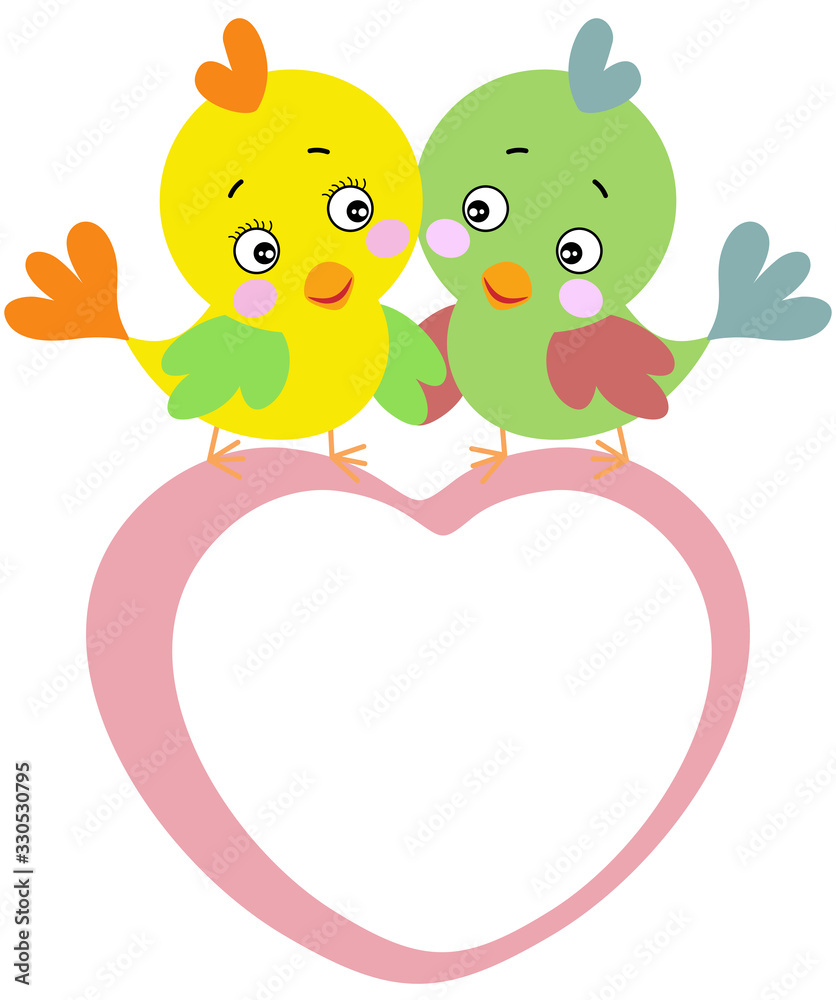 Cute couple of birds on top of frame heart